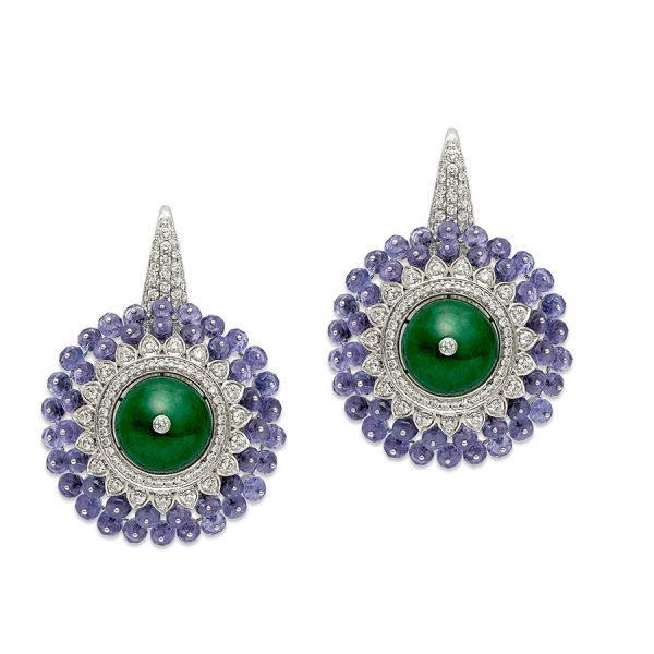 Tanzanite, Emerald Diamond Bubble Dome Earrings