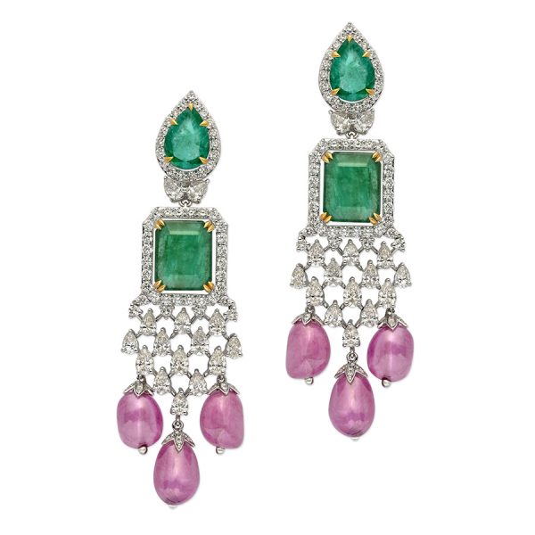 Emerald, Pink Sapphire & Diamond Earrings