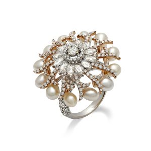 Pearl Diamond Spiral Reef Ring