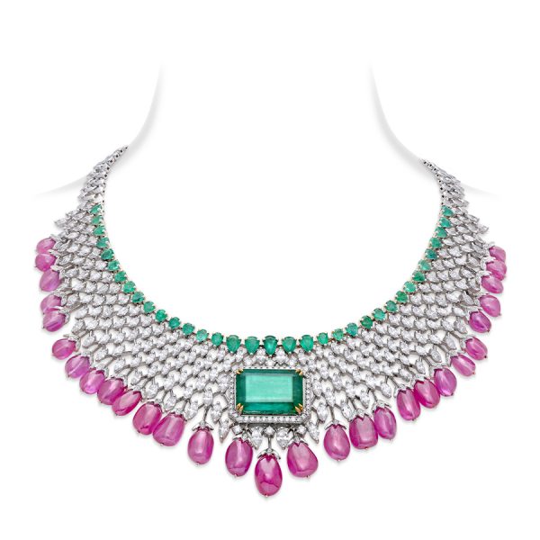 Emerald, Pink Sapphire Diamond Necklace