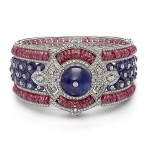 Greco Art Deco Cuff Tanzanite, Ruby & Diamond Bracelet