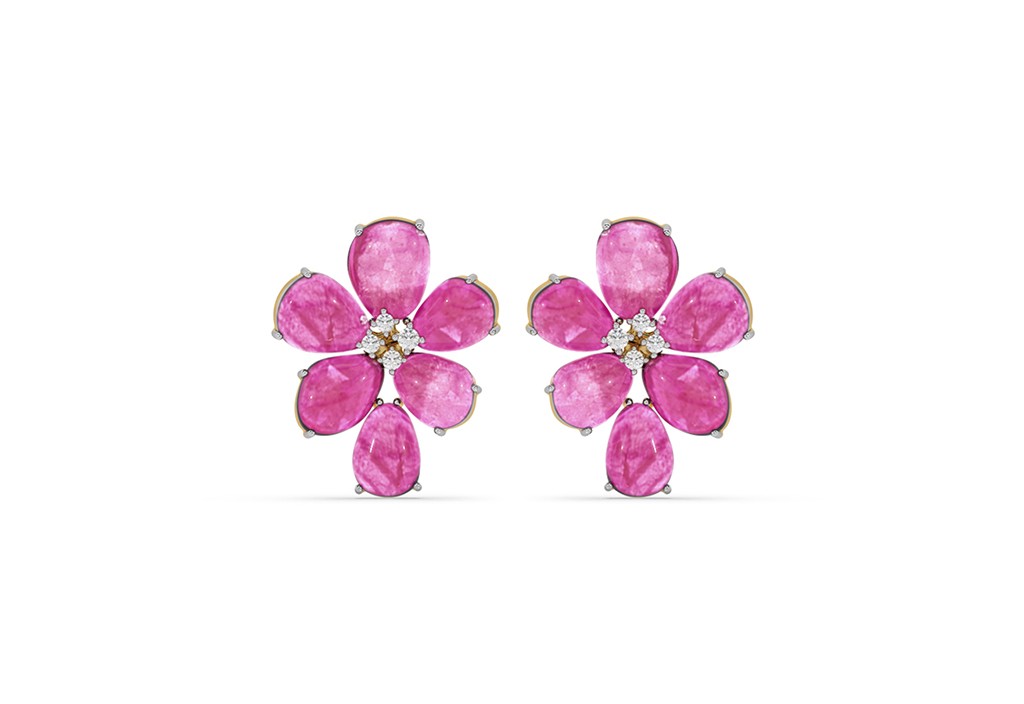 Ruby and Diamond Floral Stud Earrings 