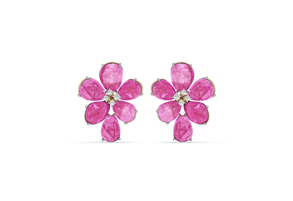 Ruby and Diamond Floral Stud Earrings