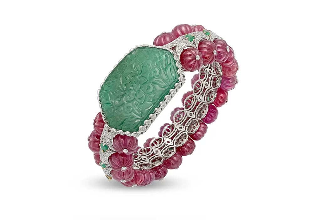 Carved Emerald & ruby bala bracelet