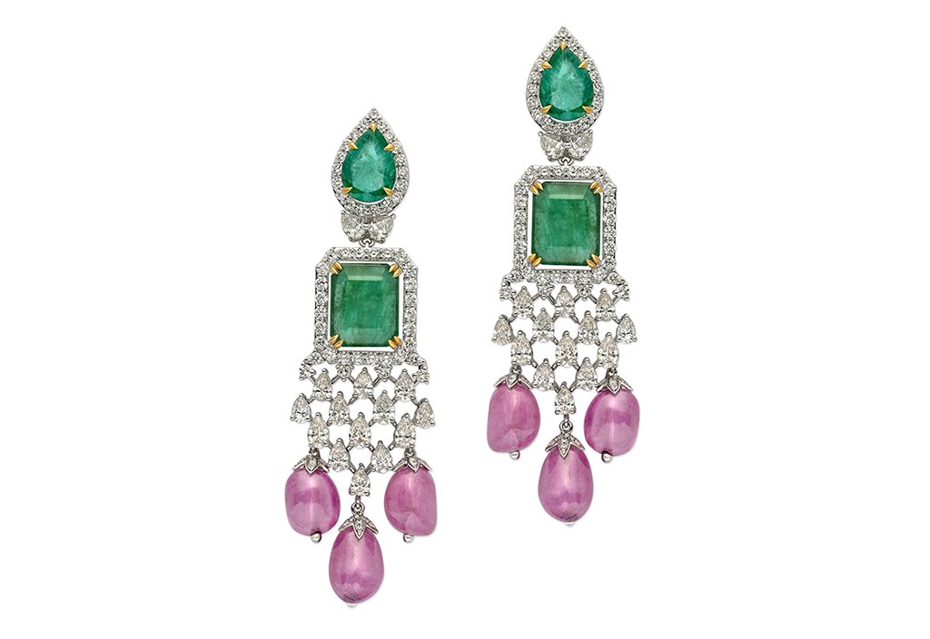 Emerald and Pink Sapphire earrings