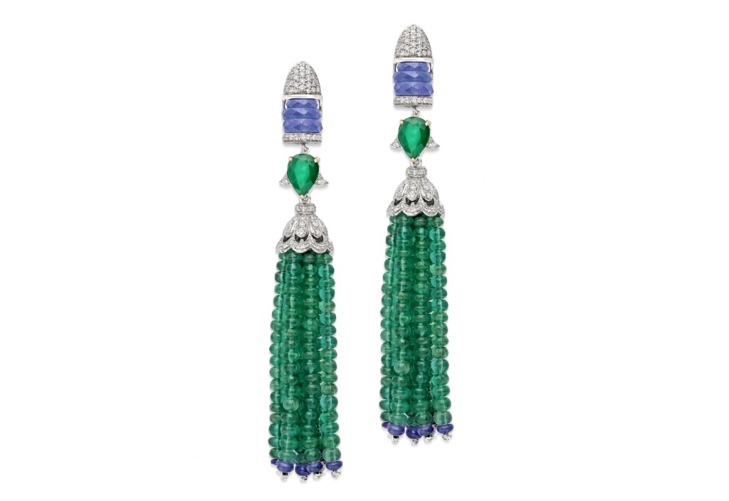 tanzanite emerald tassel earrings