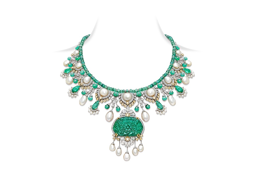 Carved emerald and pearl bridal necklace