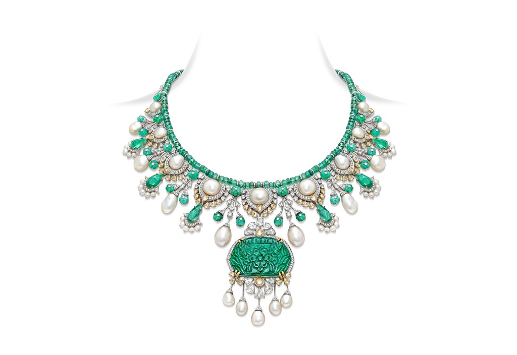 Carved Emerald & Pearl Bridal Necklace 