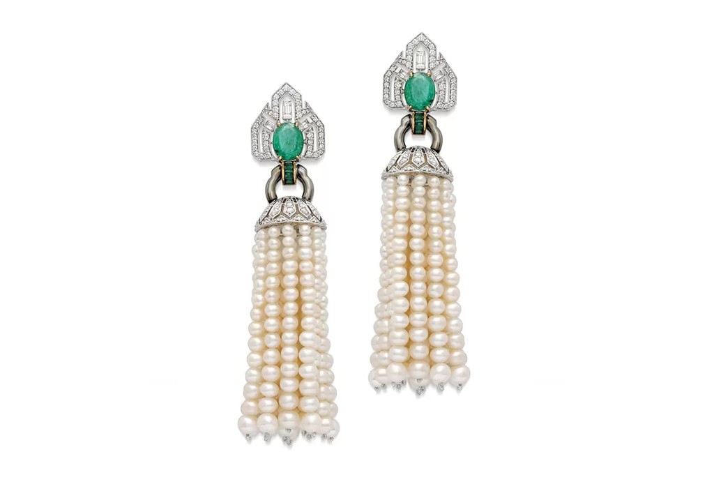 art deco pearl emerald tassel earrings