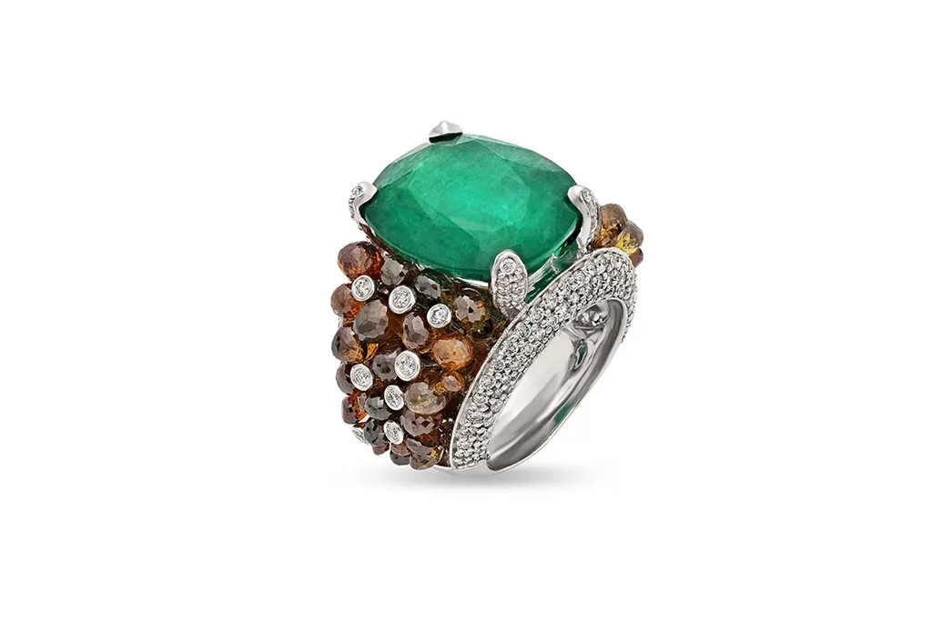Emerald and brown diamond cocktail ring