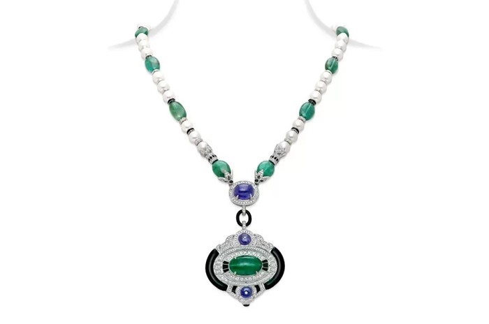 Emerald Tanzanite Art Deco Pendant Necklace