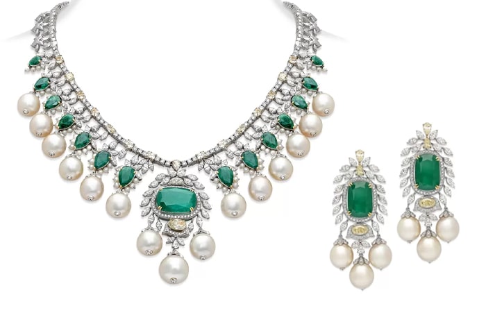 Emerald, Diamond, & Pearl Bridal Necklace and Earring Sets