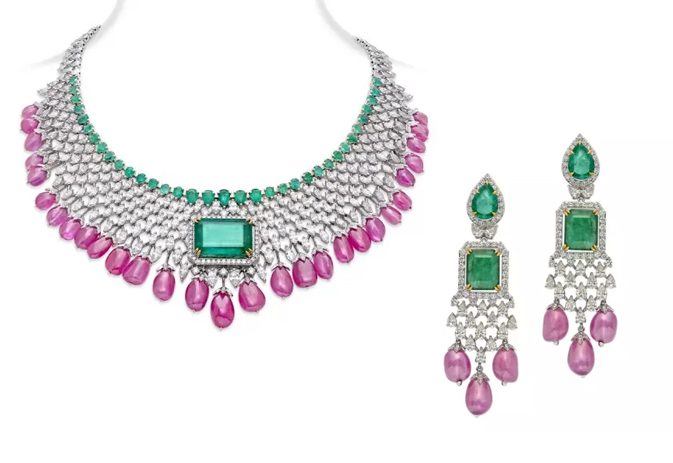 Emerald & Pink Sapphire Necklace and Earrings