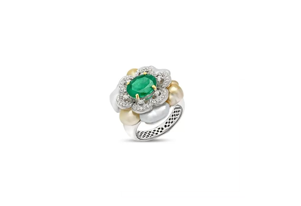 Emerald and Pearl Flower Ring