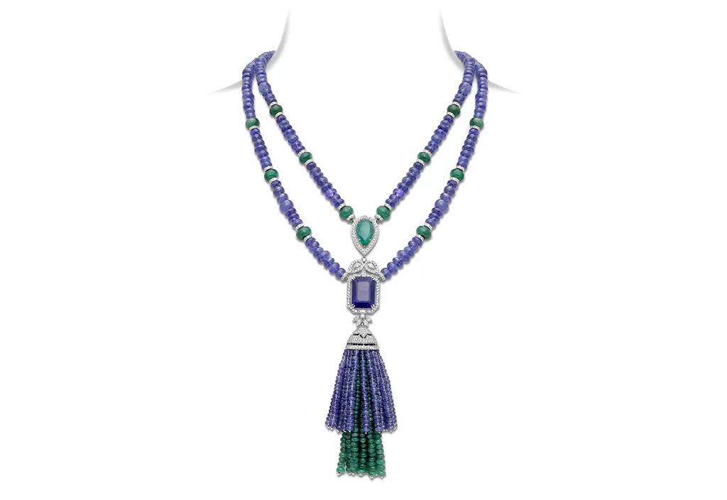 tanzanite and emerald tassel sautoir necklace