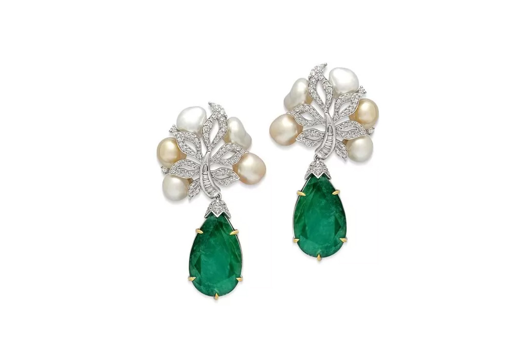 Bridal Earring : Pearl and emerald drop bloom earrings