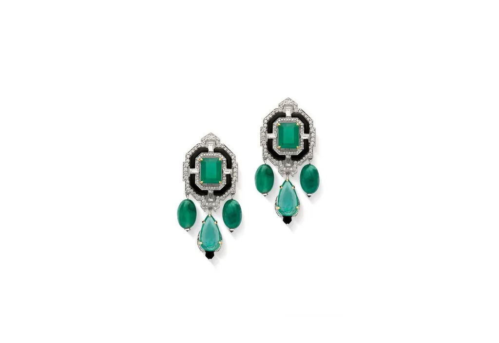 Art Deco Emerald Black Onyx Diamond Earrings