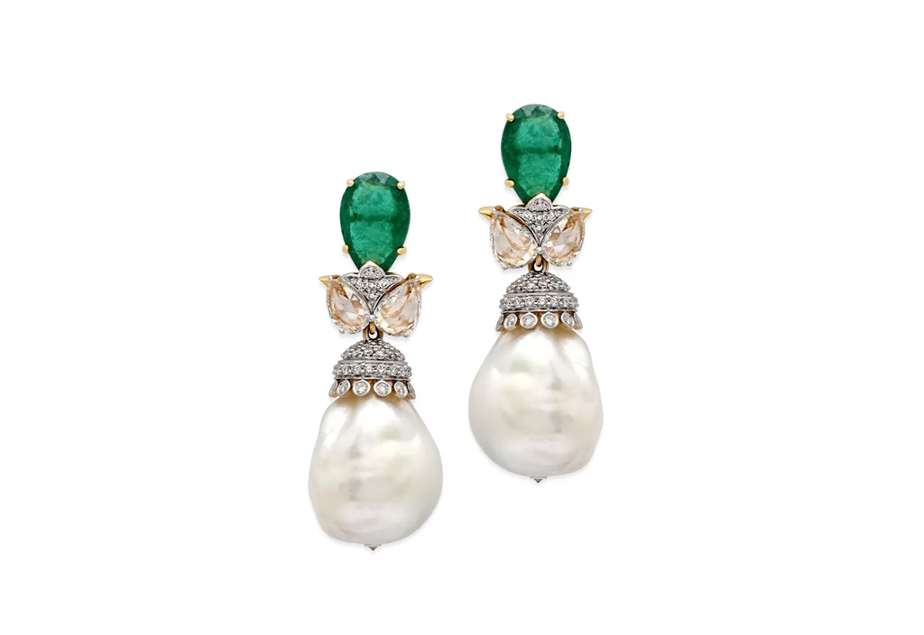 Emerald and Uneven Pearl Drop Diamond Earrings