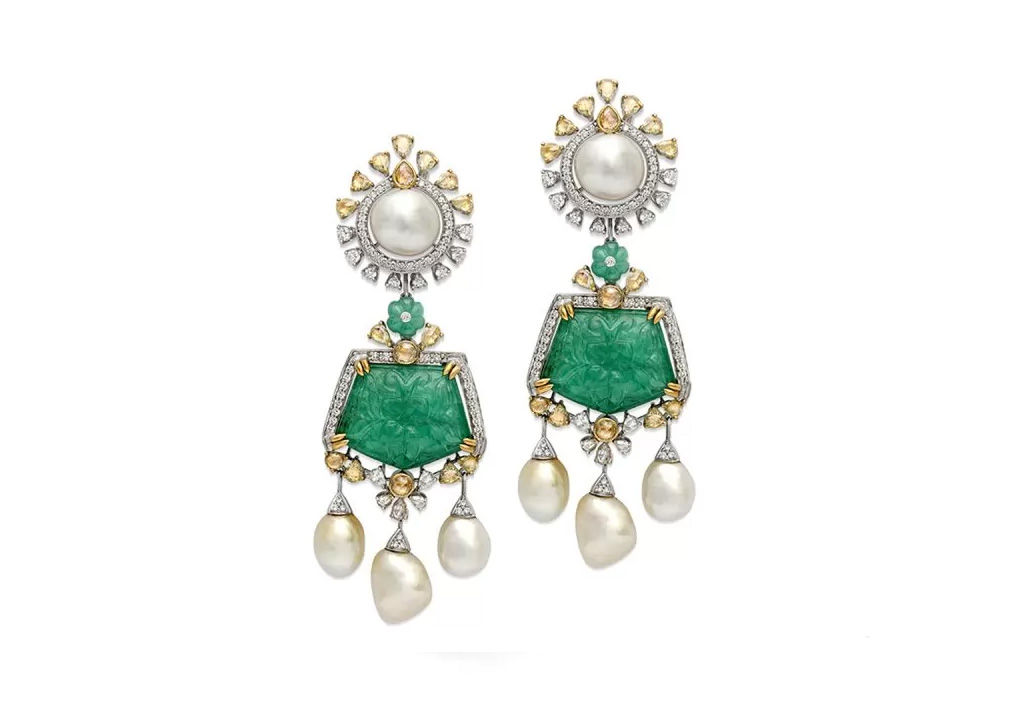 Carved Emerald and Pearl Bridal Earrings