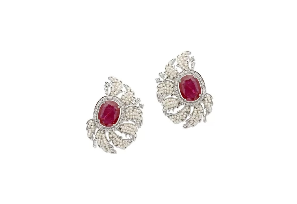 Pearl Feather Ruby Earrings