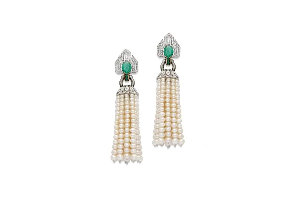 Art Deco Pearl Emerald Tassel Earrings