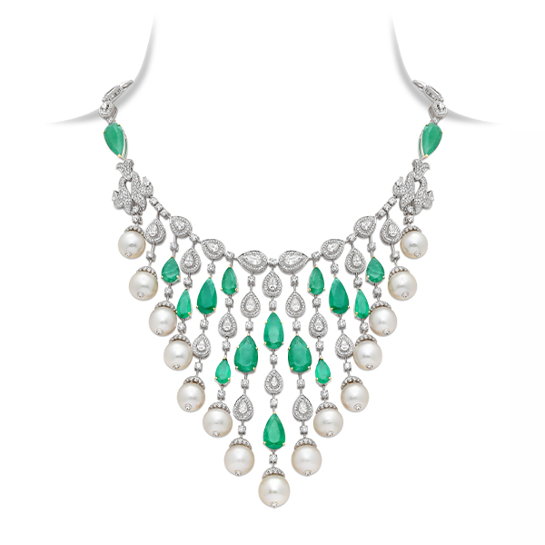 Pearl Emerald Diamond Drop Necklace
