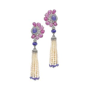 Pearl Ruby Tanzanite Floral Tassel Earrings