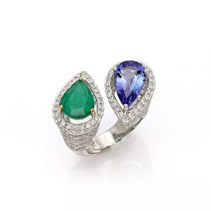 Tanzanite Emerald Diamond Duo Drop Ring