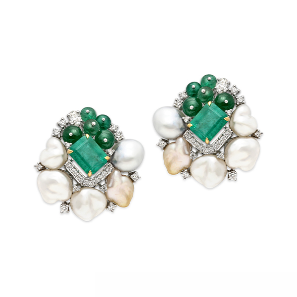 Keshi Pearl Emerald Stud Earrings