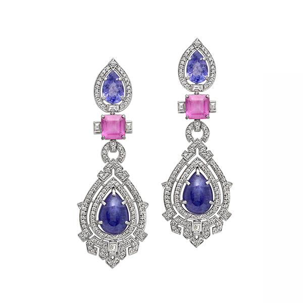Tanzanite Ruby Art Deco Hanging Earrings