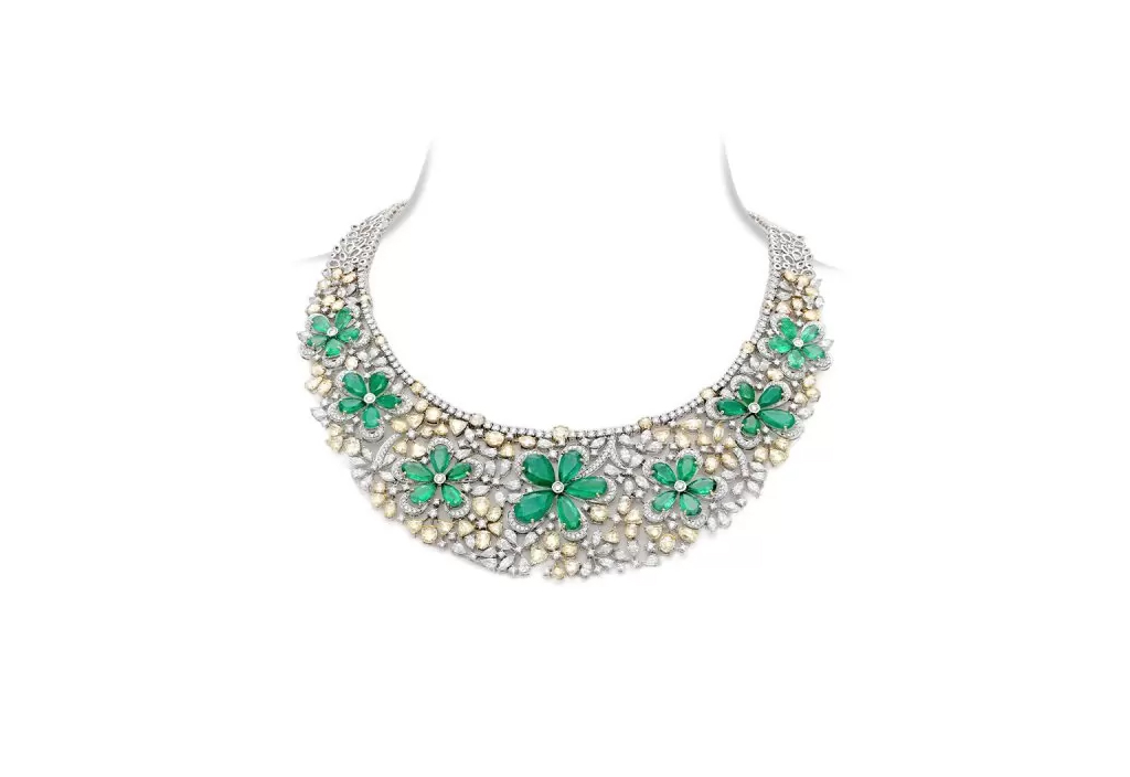 Yellow Diamond Emerald Bouquet Necklace