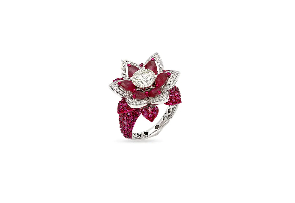 Floral Ruby Diamond Solitaire Ring