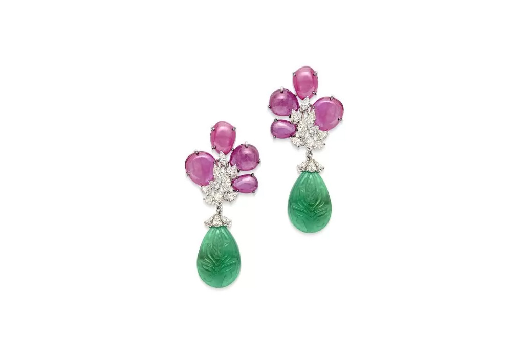 Carved Emerald Pink Sapphire Earrings 