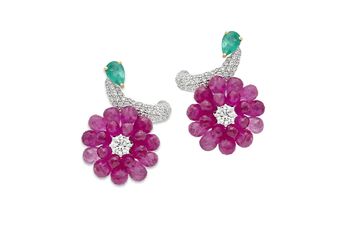 Ruby Emerald Diamond Bead Stud Earrings