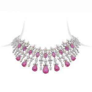 Ruby Diamond Pearl Bridal Necklace