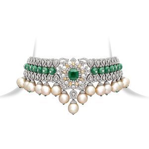 Signature Emerald Diamond Pearl Bridal Choker Necklace