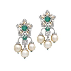 Signature Emerald Diamond Pearl Bridal Earrings