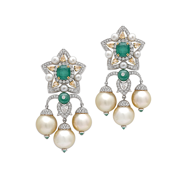 Signature Emerald Diamond Pearl Bridal Earrings