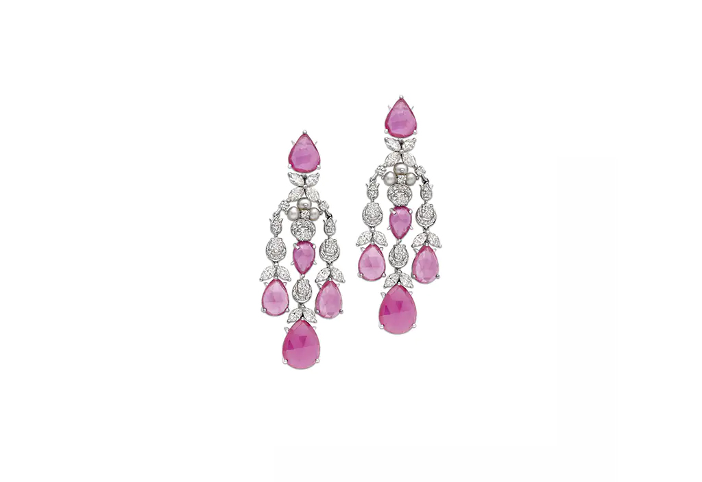 Ruby Diamond Pearl Bridal Earrings