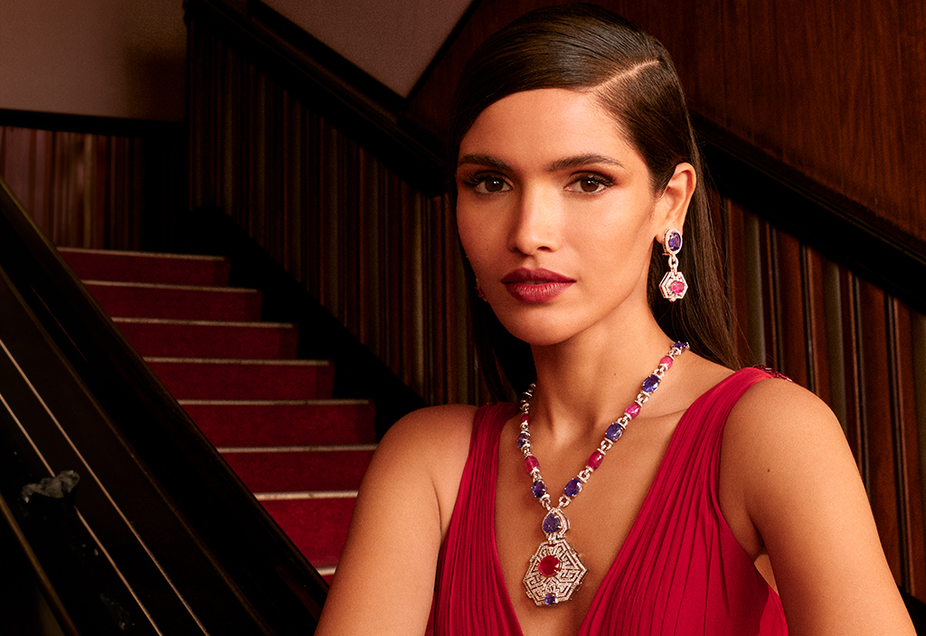 Ruby Tanzanite Art Deco Sautoir Necklace & Earrings