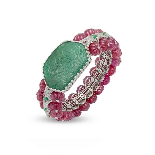 Carved Emerald & Ruby Bala Bracelet