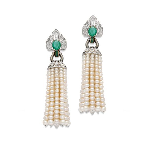 art deco pearl emerald tassel earrings
