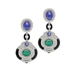 Emerald Tanzanite Diamond Art Deco Earrings