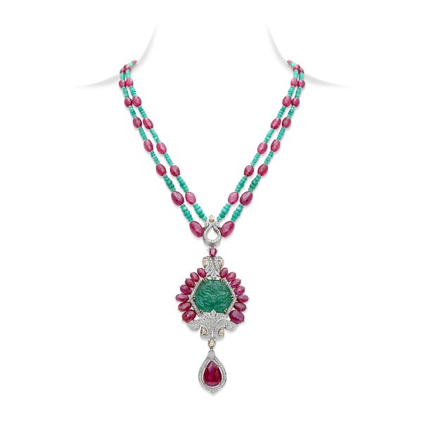 Carved Emerald & Ruby Pendant Necklace