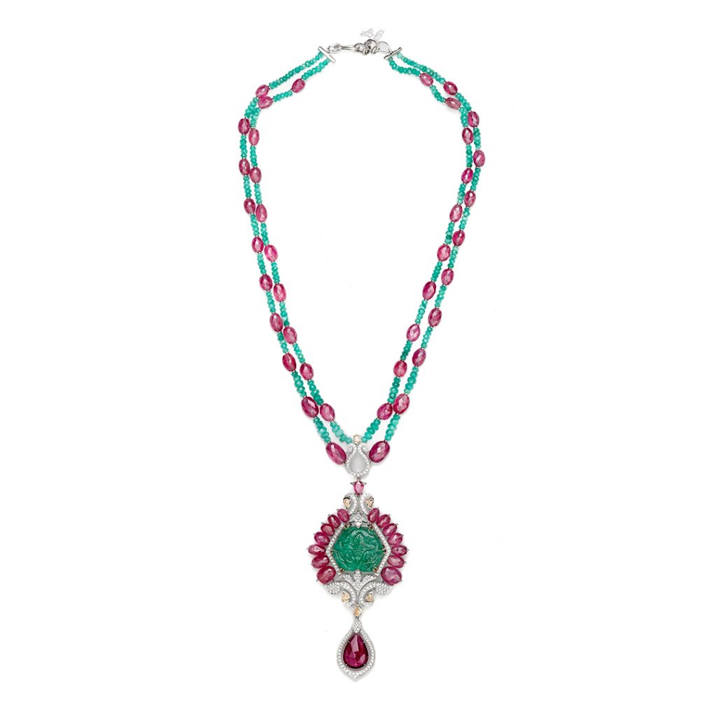 Buy Carved Emerald & Ruby Pendant Necklace Online India | Rose