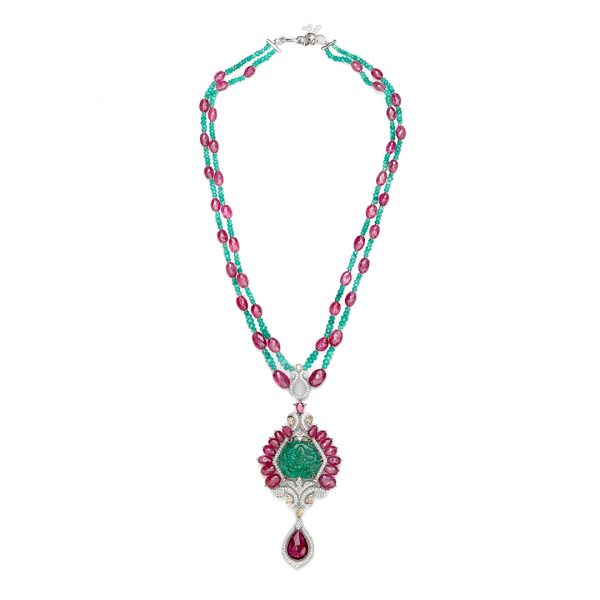 Buy Carved Emerald & Ruby Pendant Necklace Online India | Rose