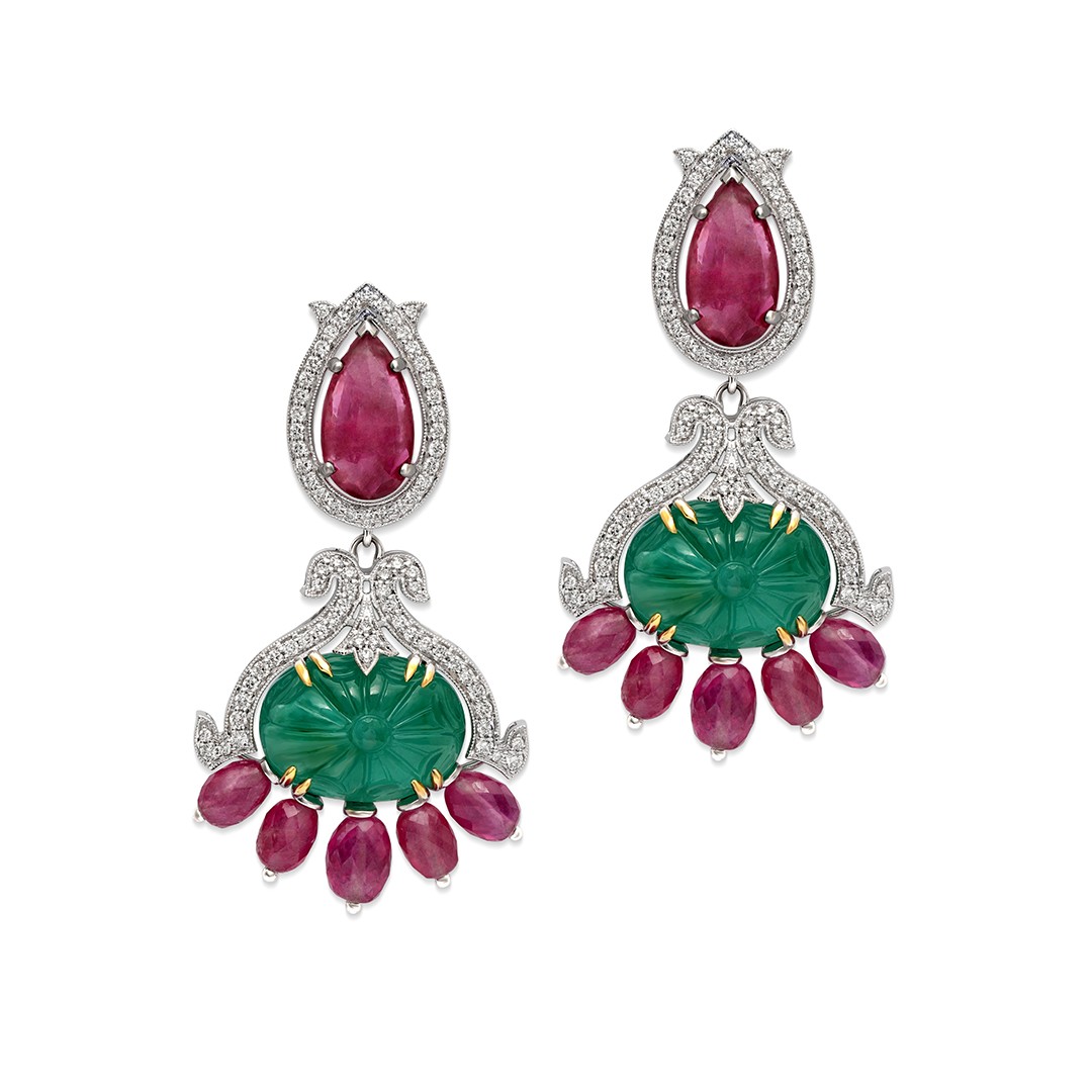 Vibrant Floral Emerald and Ruby Gold Stud Earrings