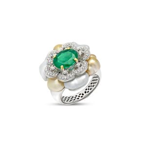 EMERALD AND PEARL FLOWER Engagement RING