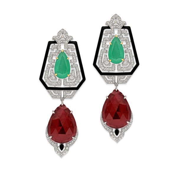 Rubelite Emerald Art Deco Earrings