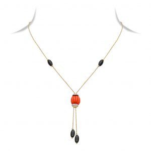 Black Onyx, Diamond & Coral Sautoir Necklace